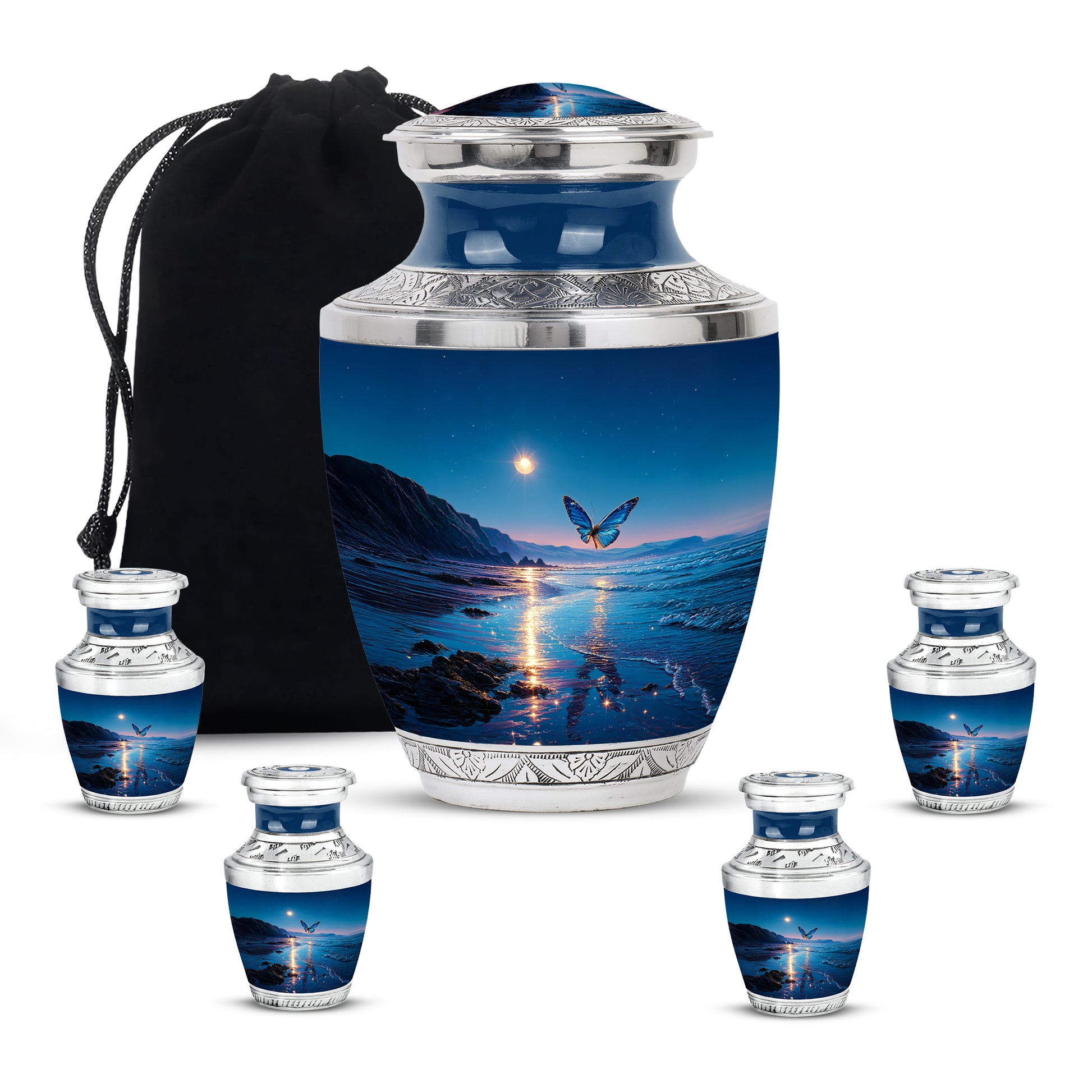 Slate Blue Butterfly Cremation Urn lifestyle display on memorial shelf - contemporary butterfly design with modern artistic flair - memorial set with one large and four small urns