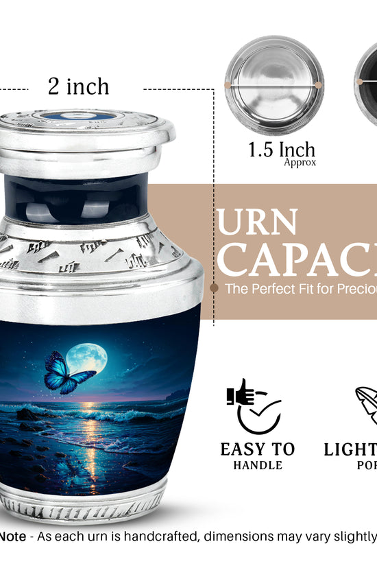 Soft Blue Butterfly Cremation Urn top-down view of secure threaded lid - artistic butterfly interpretation with creative detail - mini keepsake memorial for portion of cremation ashes