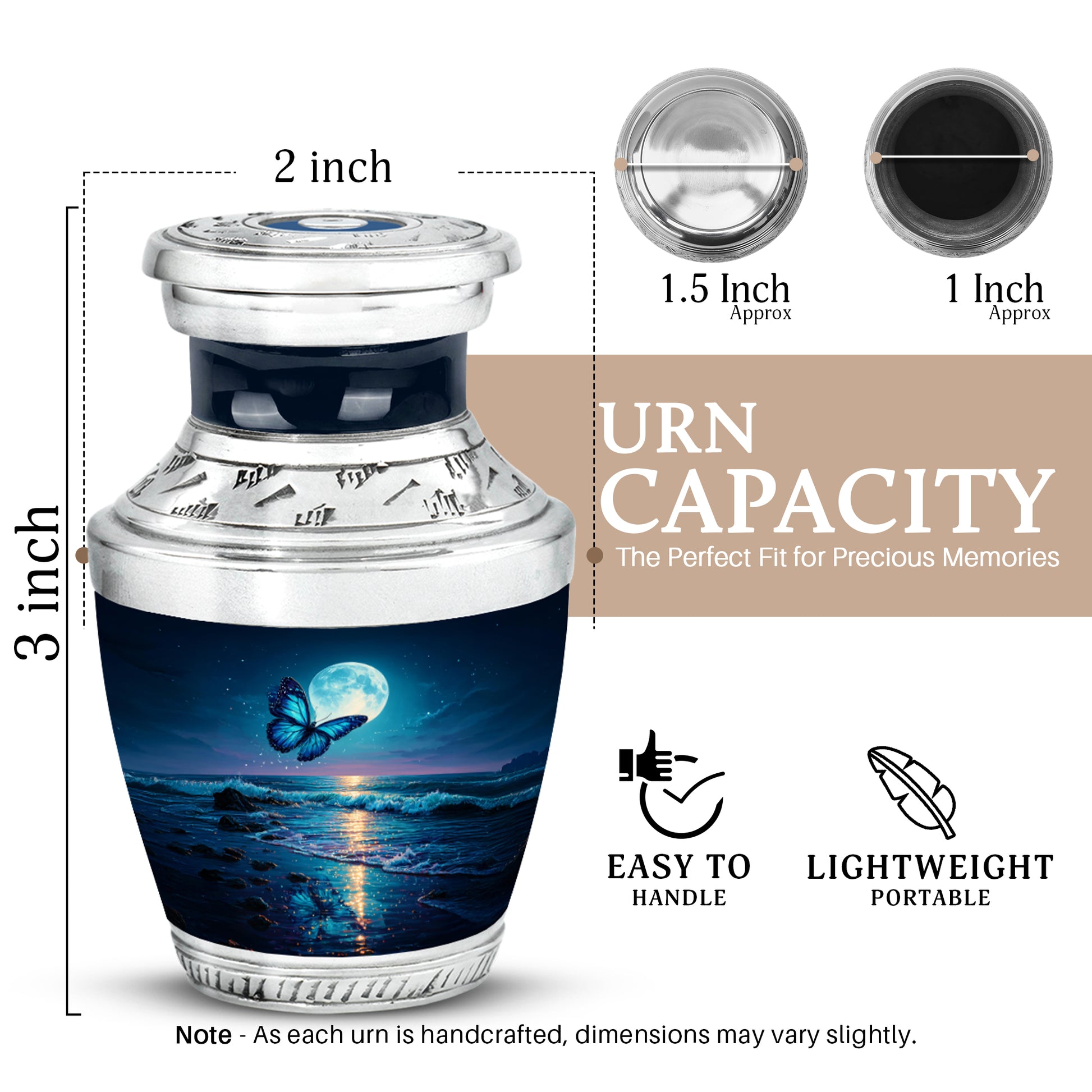 Soft Blue Butterfly Cremation Urn top-down view of secure threaded lid - artistic butterfly interpretation with creative detail - mini keepsake memorial for portion of cremation ashes