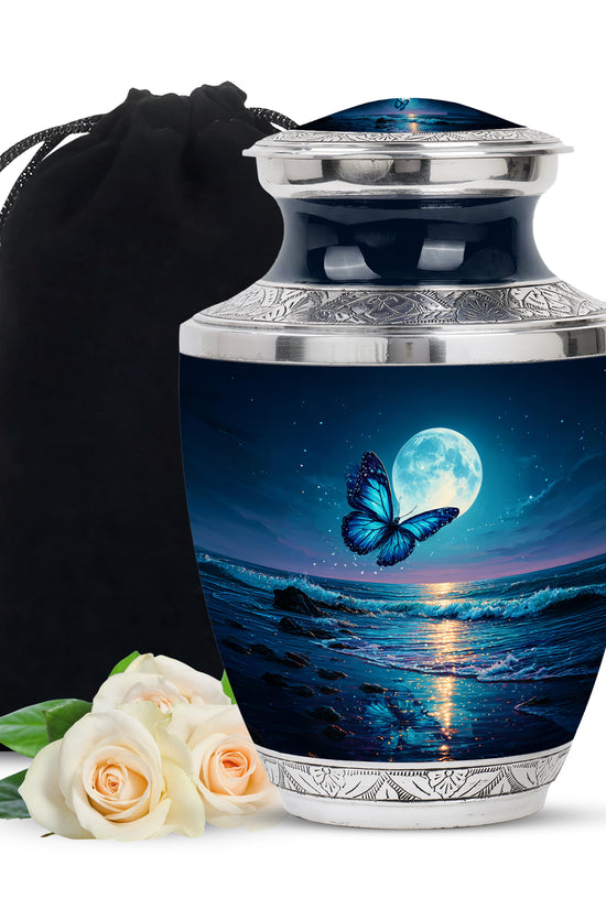 Powder Blue Butterfly Cremation Urn side profile showing urn shape - contemporary butterfly design with modern artistic flair - full-size 10 inch 200 cubic inch adult cremation urn