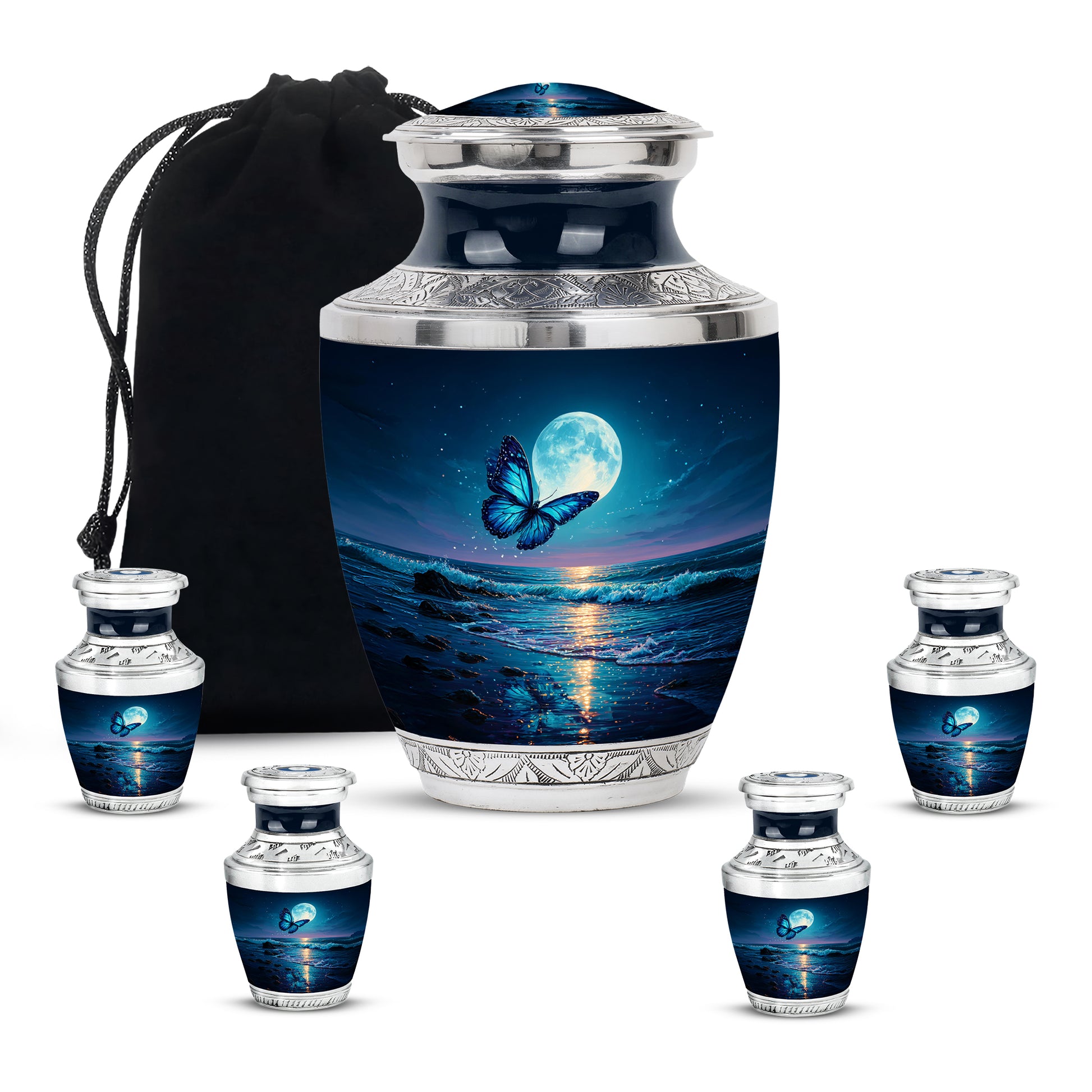 Cobalt Blue Butterfly Cremation Urn lifestyle display on memorial shelf - stylized abstract butterfly pattern with bold lines - memorial set with one large and four small urns
