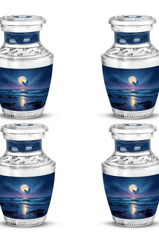 Calming Blue Butterfly Cremation Urn back view with polished surface - artistic butterfly interpretation with creative detail - 10 inch aluminum urn for cremated remains