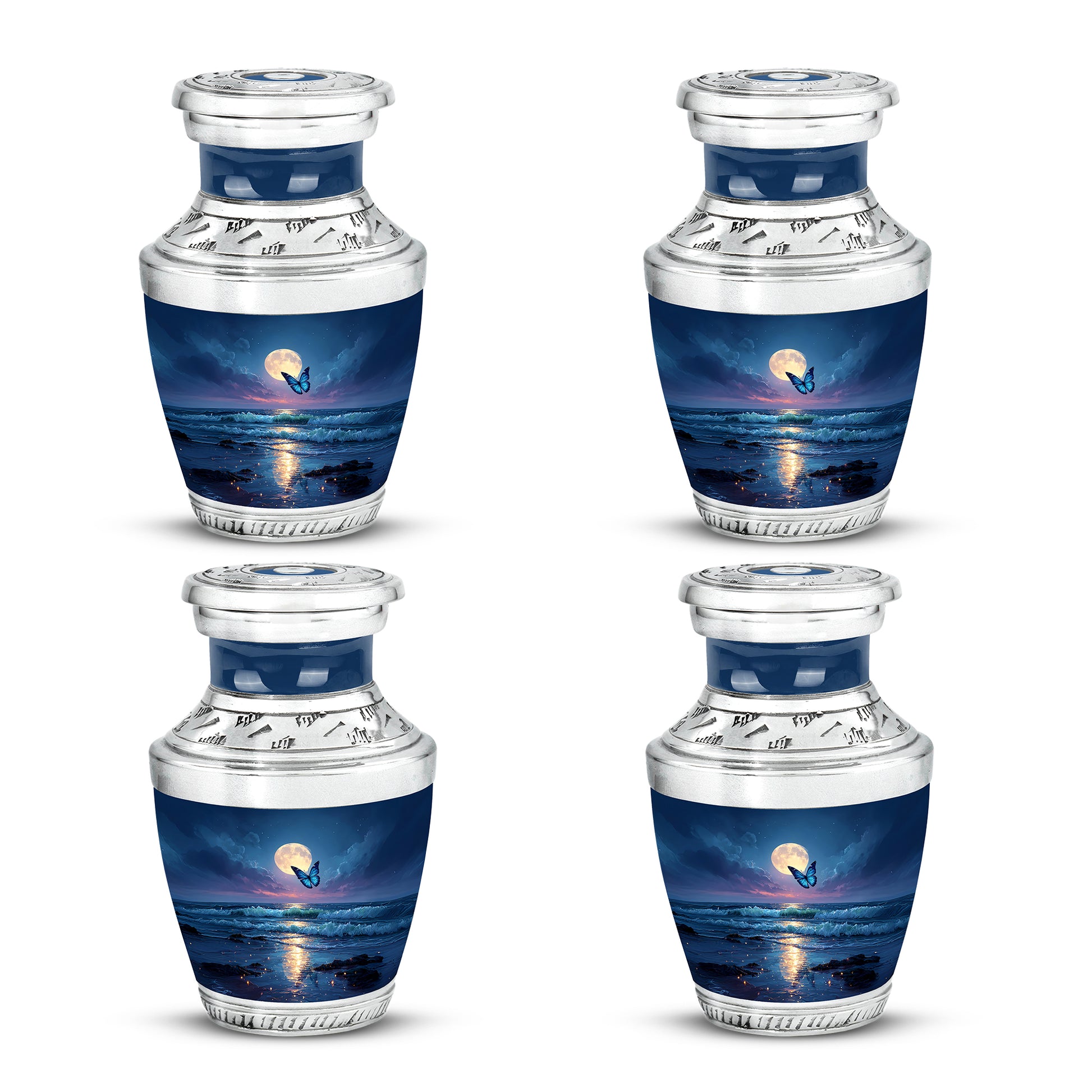 Calming Blue Butterfly Cremation Urn back view with polished surface - artistic butterfly interpretation with creative detail - 10 inch aluminum urn for cremated remains