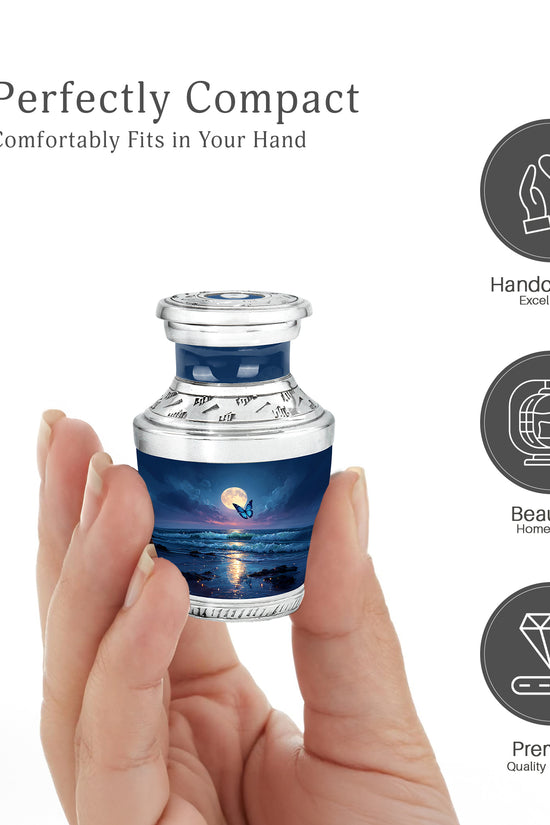 Sapphire Blue Butterfly Cremation Urn top-down view of secure threaded lid - artistic butterfly interpretation with creative detail - mini keepsake memorial for portion of cremation ashes