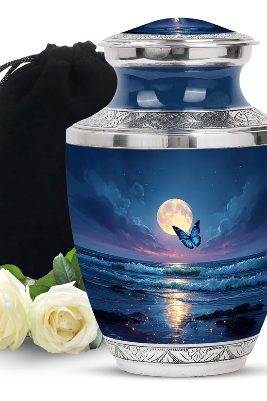 Bright Blue Butterfly Cremation Urn side profile showing urn shape - stylized abstract butterfly pattern with bold lines - full-size 10 inch 200 cubic inch adult cremation urn