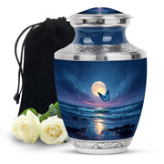 Bright Blue Butterfly Cremation Urn side profile showing urn shape - stylized abstract butterfly pattern with bold lines - full-size 10 inch 200 cubic inch adult cremation urn