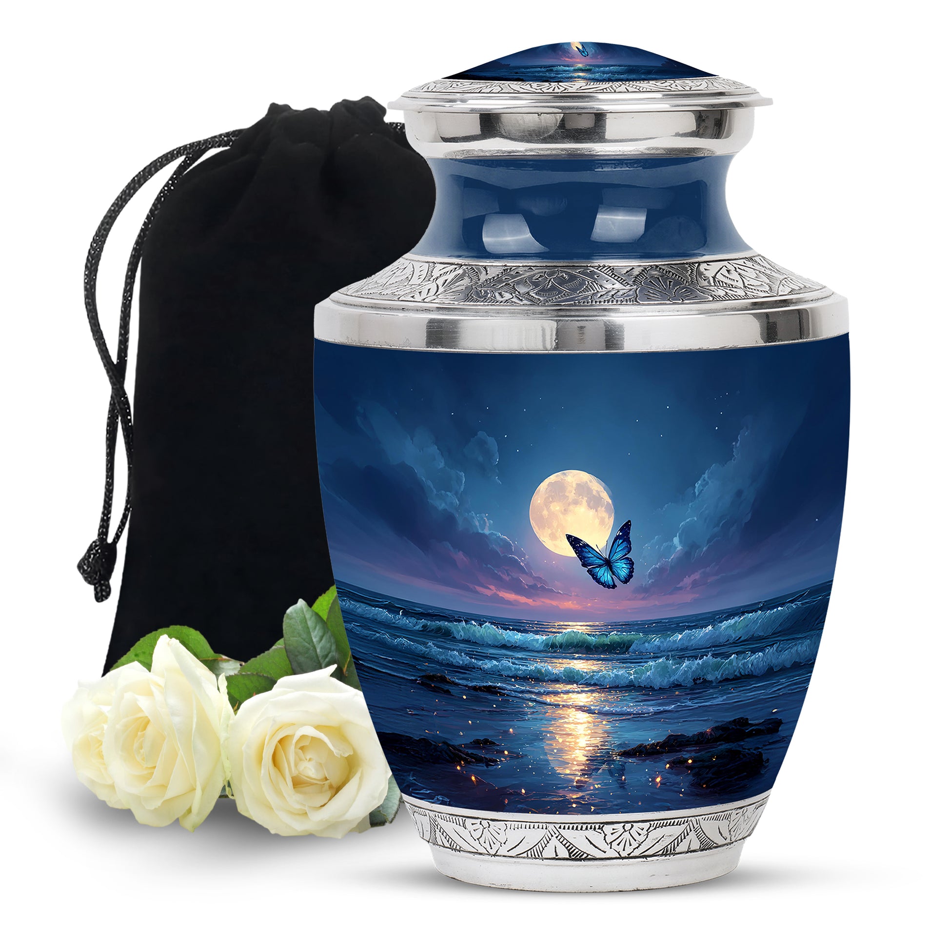 Bright Blue Butterfly Cremation Urn side profile showing urn shape - stylized abstract butterfly pattern with bold lines - full-size 10 inch 200 cubic inch adult cremation urn