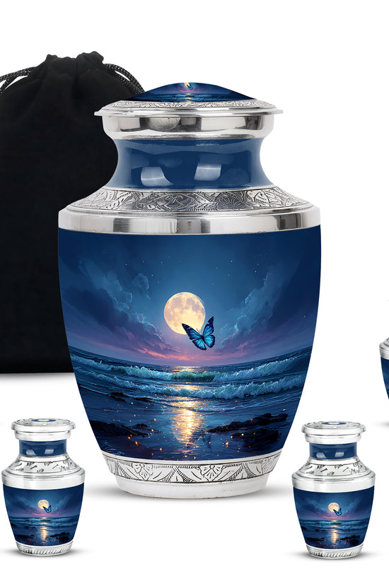 Indigo Butterfly Cremation Urn lifestyle display on memorial shelf - contemporary butterfly design with modern artistic flair - memorial set with one large and four small urns