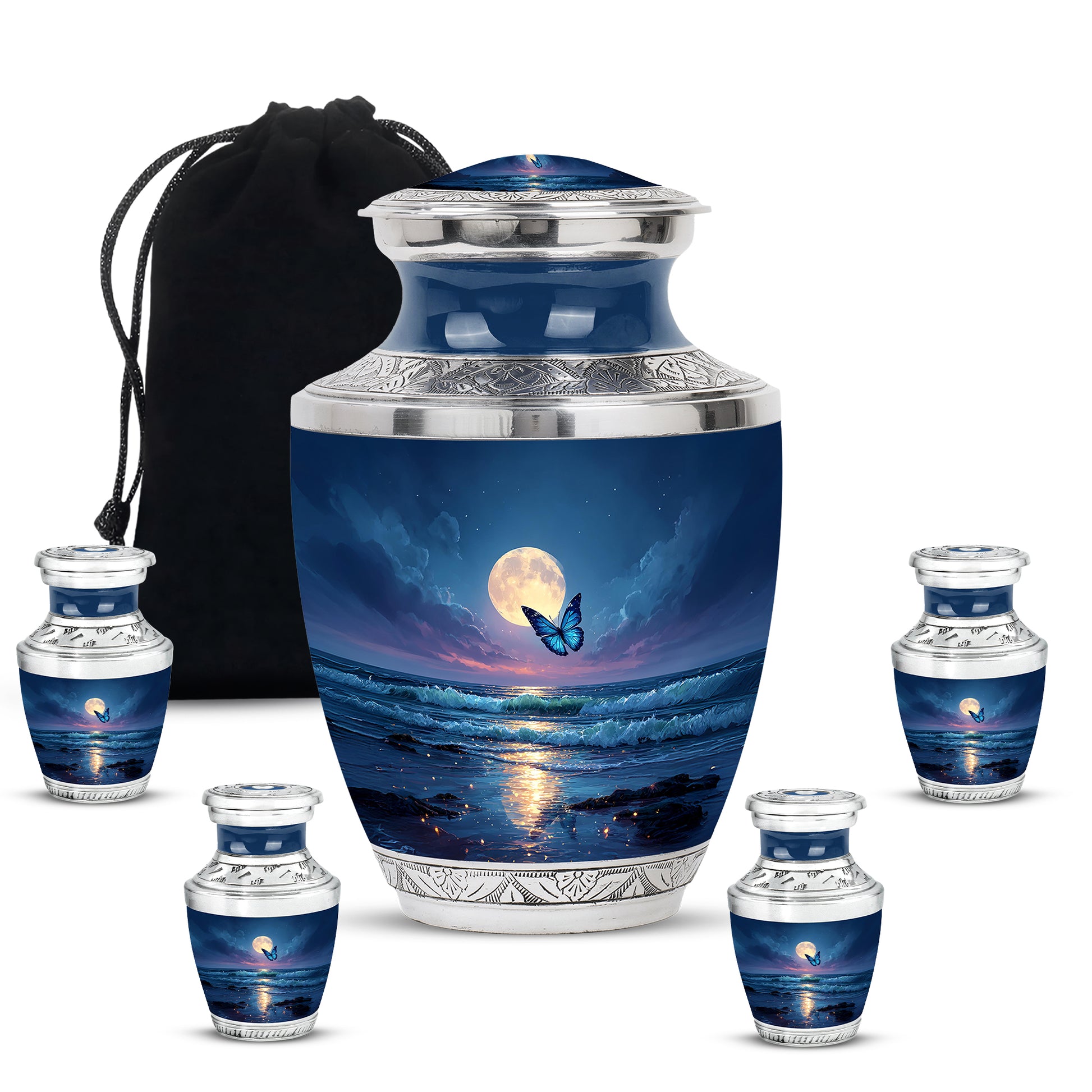 Indigo Butterfly Cremation Urn lifestyle display on memorial shelf - contemporary butterfly design with modern artistic flair - memorial set with one large and four small urns