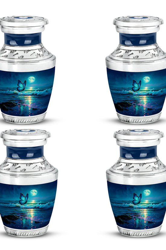 Royal Blue Butterfly Cremation Urn back view with polished surface - artistic butterfly interpretation with creative detail - 10 inch aluminum urn for cremated remains