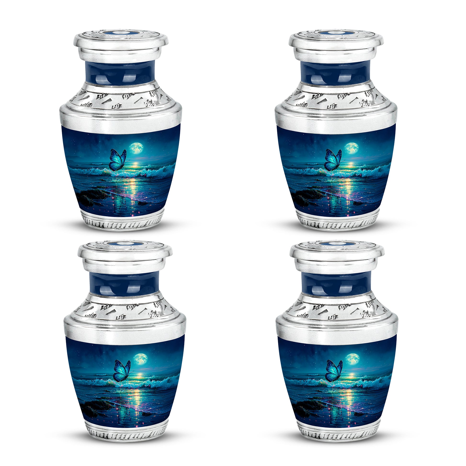 Royal Blue Butterfly Cremation Urn back view with polished surface - artistic butterfly interpretation with creative detail - 10 inch aluminum urn for cremated remains