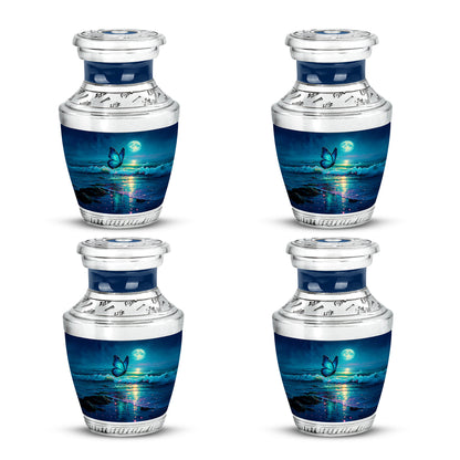 Royal Blue Butterfly Cremation Urn back view with polished surface - artistic butterfly interpretation with creative detail - 10 inch aluminum urn for cremated remains