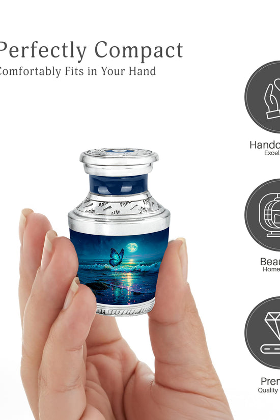 Sky Blue Butterfly Cremation Urn top-down view of secure threaded lid - contemporary butterfly design with modern artistic flair - mini keepsake memorial for portion of cremation ashes