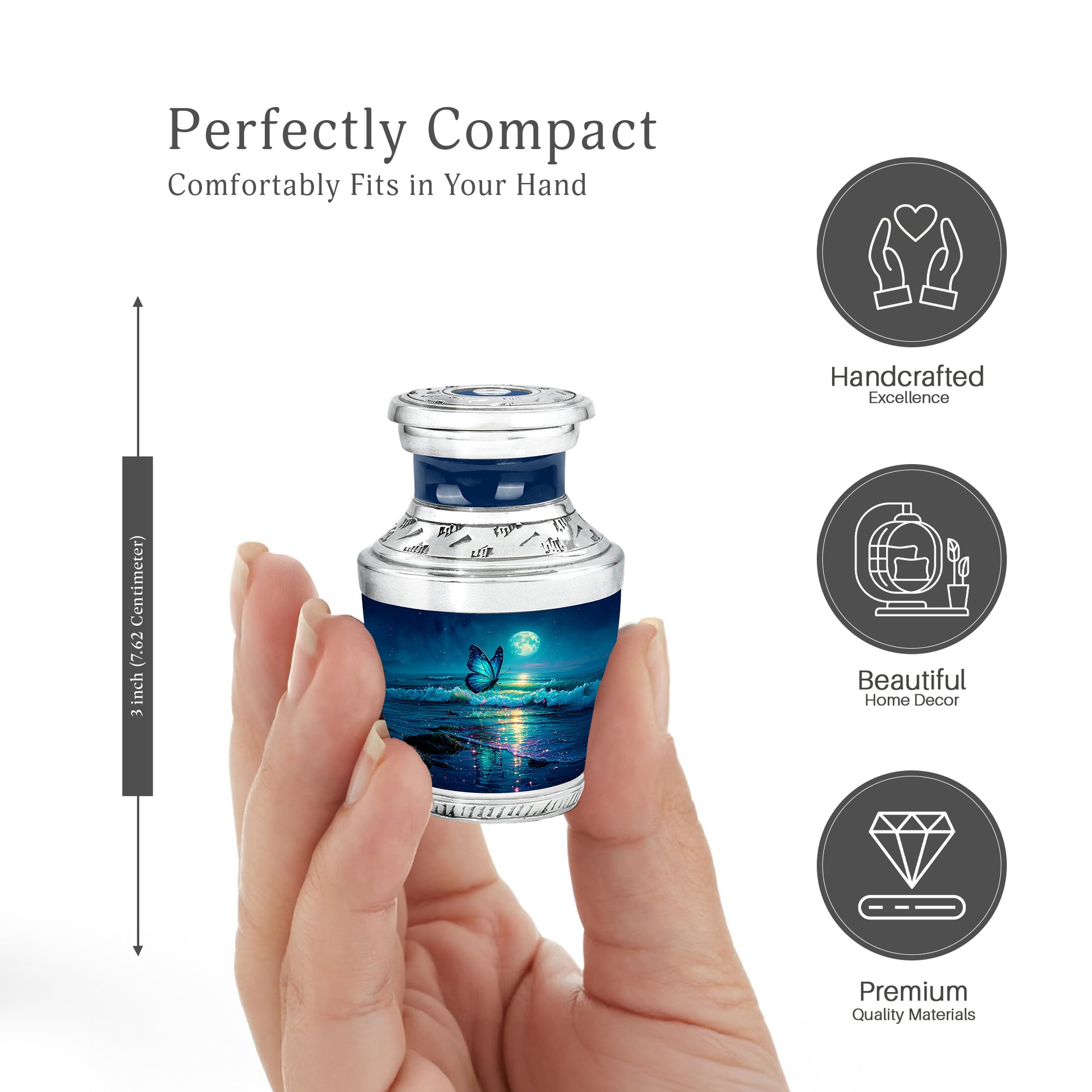 Sky Blue Butterfly Cremation Urn top-down view of secure threaded lid - contemporary butterfly design with modern artistic flair - mini keepsake memorial for portion of cremation ashes