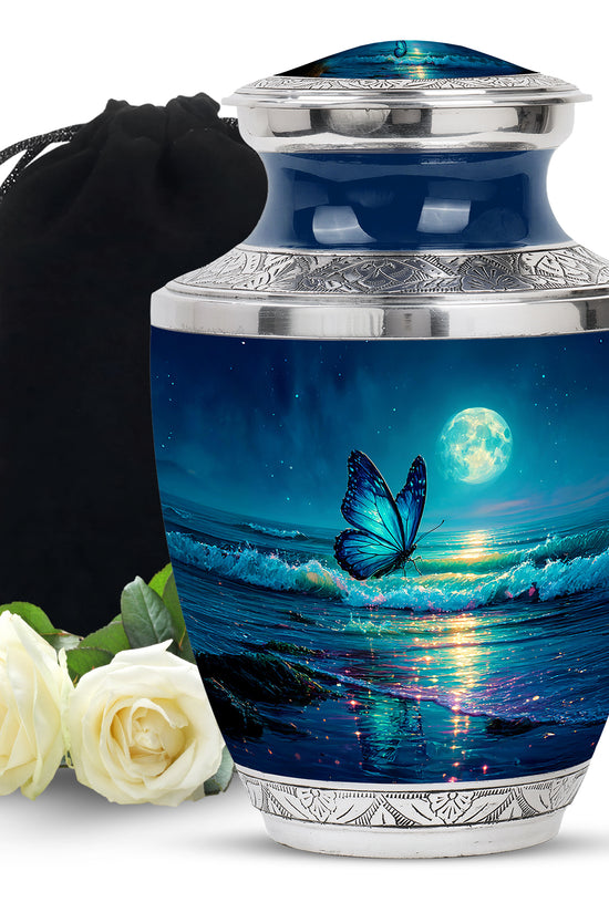 Icy Blue Butterfly Cremation Urn side profile showing urn shape - modern art-inspired butterfly motif on sleek aluminum - full-size 10 inch 200 cubic inch adult cremation urn