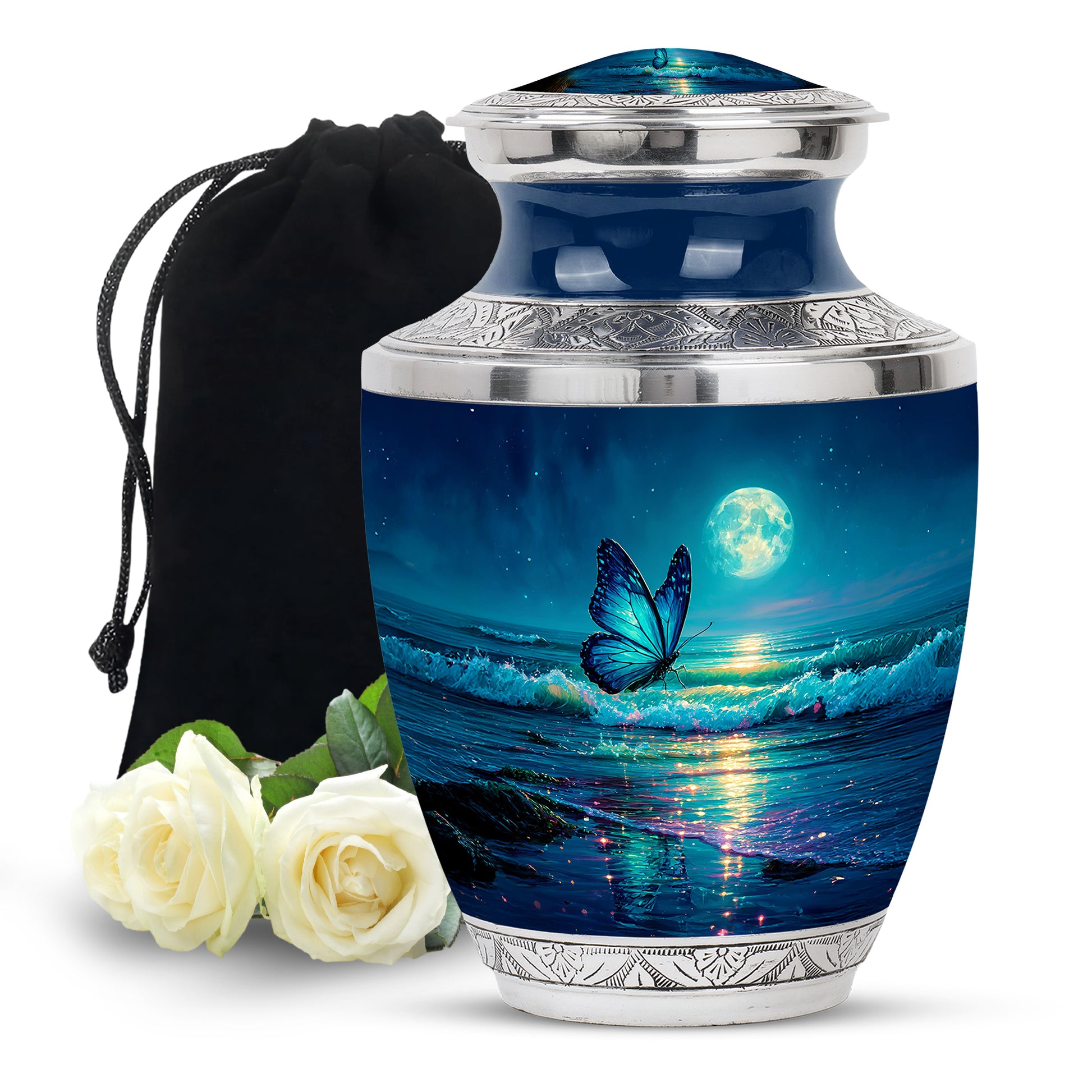 Icy Blue Butterfly Cremation Urn side profile showing urn shape - modern art-inspired butterfly motif on sleek aluminum - full-size 10 inch 200 cubic inch adult cremation urn
