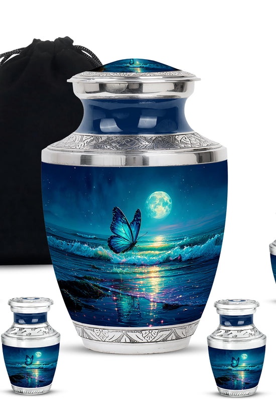 Celestial Blue Butterfly Cremation Urn lifestyle display on memorial shelf - contemporary butterfly design with modern artistic flair - memorial set with one large and four small urns