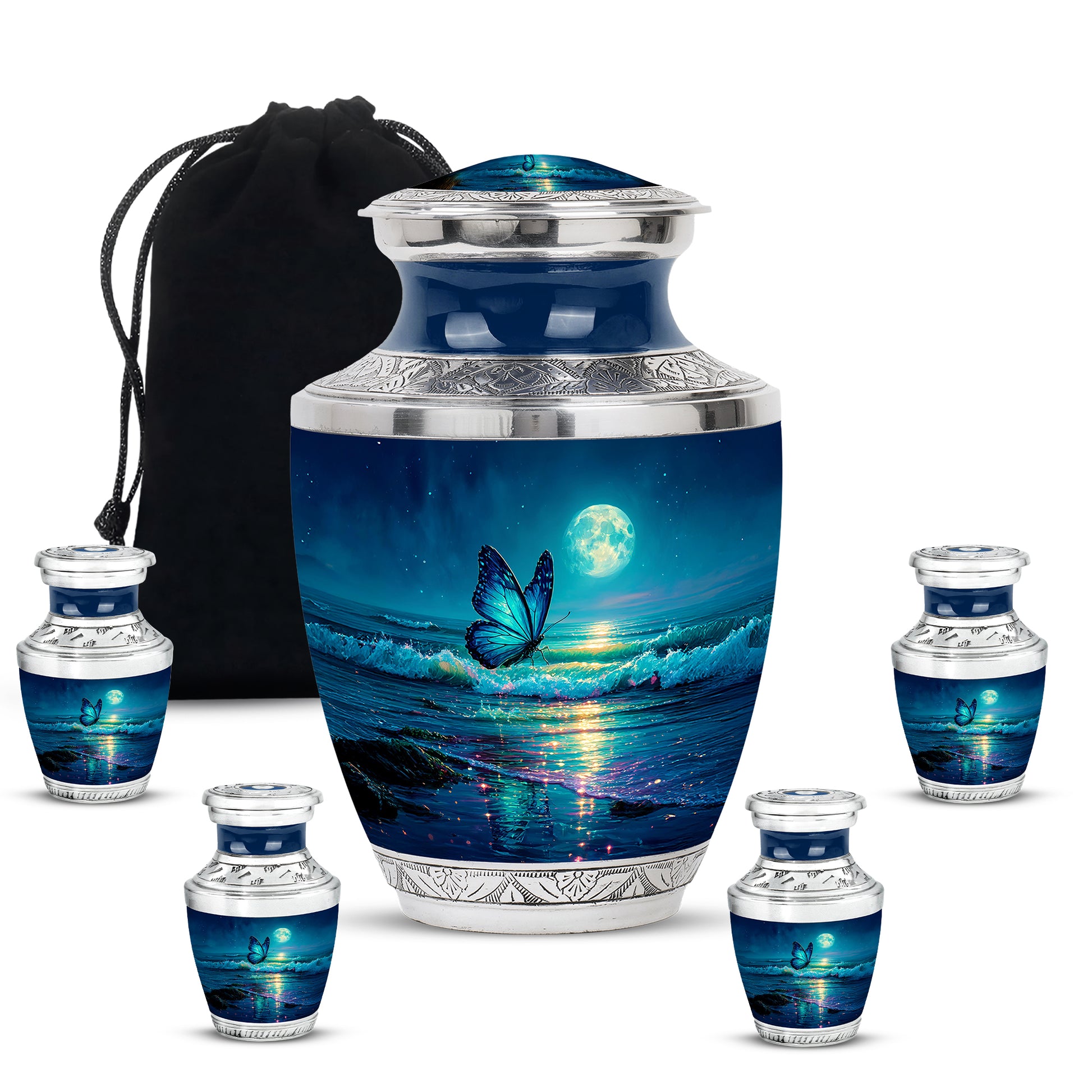 Celestial Blue Butterfly Cremation Urn lifestyle display on memorial shelf - contemporary butterfly design with modern artistic flair - memorial set with one large and four small urns