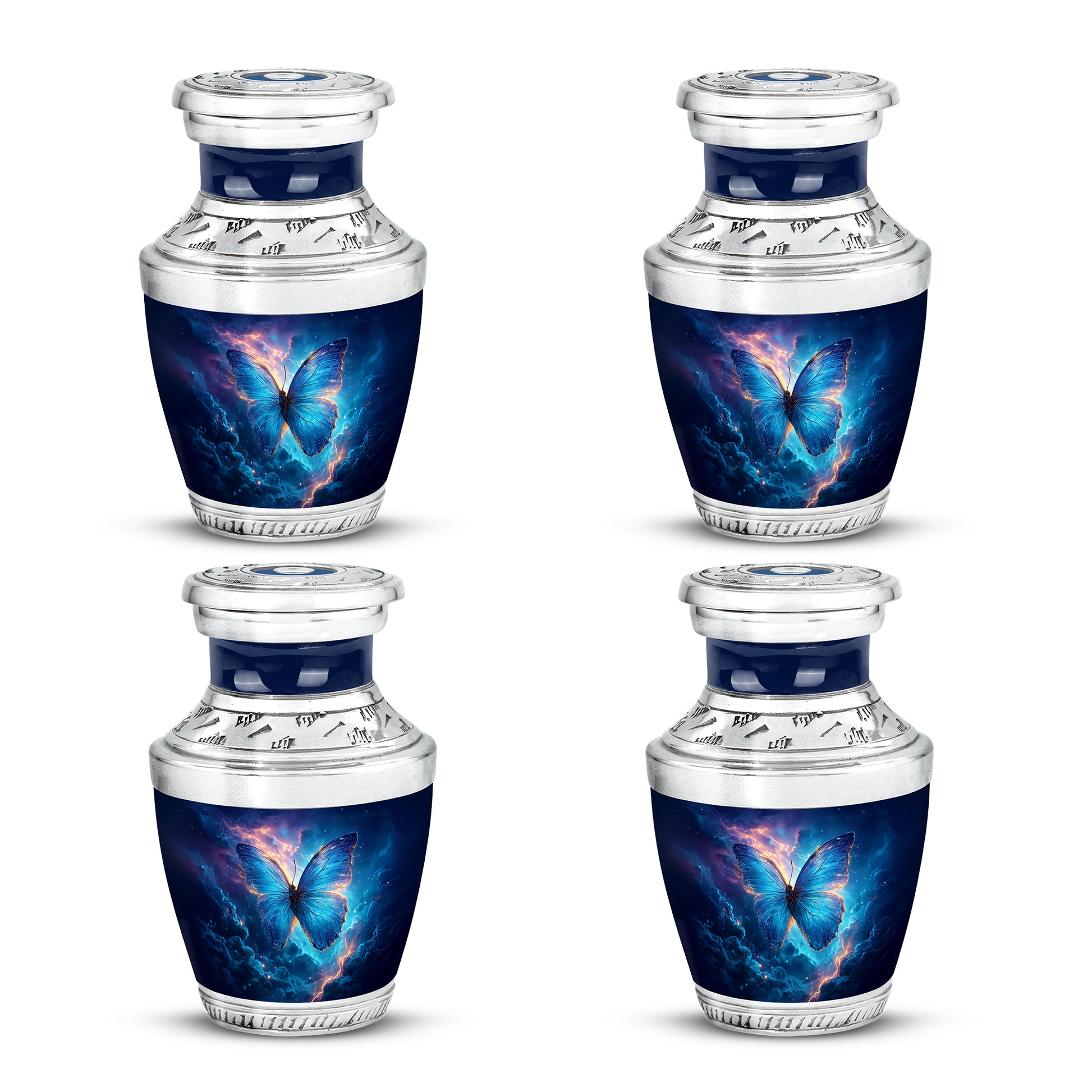 Pastel Blue Butterfly Cremation Urn back view with polished surface - contemporary butterfly design with modern artistic flair - 10 inch aluminum urn for cremated remains