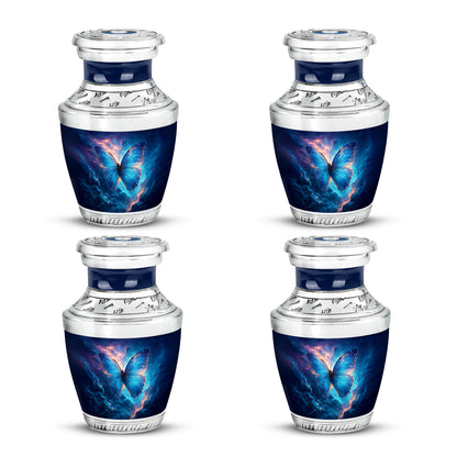 Pastel Blue Butterfly Cremation Urn back view with polished surface - contemporary butterfly design with modern artistic flair - 10 inch aluminum urn for cremated remains