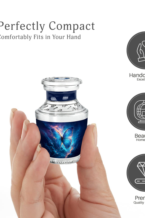 Cobalt Blue Butterfly Cremation Urn top-down view of secure threaded lid - artistic butterfly interpretation with creative detail - mini keepsake memorial for portion of cremation ashes