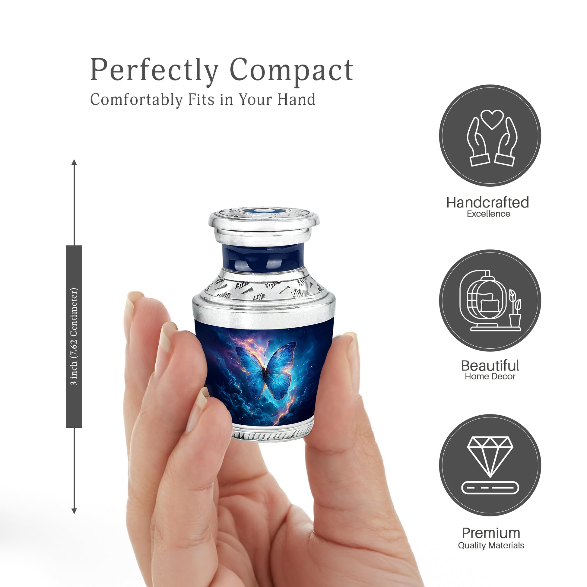 Cobalt Blue Butterfly Cremation Urn top-down view of secure threaded lid - artistic butterfly interpretation with creative detail - mini keepsake memorial for portion of cremation ashes