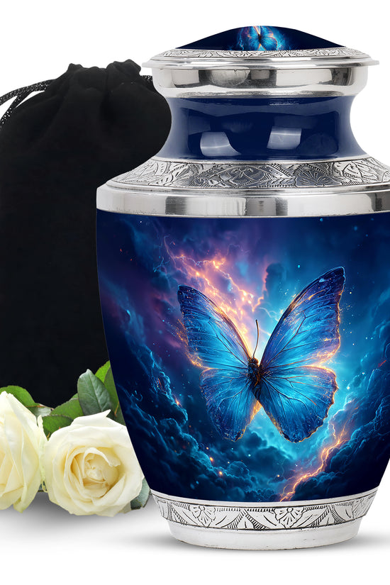 Twilight Blue Butterfly Cremation Urn side profile showing urn shape - stylized abstract butterfly pattern with bold lines - full-size 10 inch 200 cubic inch adult cremation urn