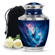 Twilight Blue Butterfly Cremation Urn side profile showing urn shape - stylized abstract butterfly pattern with bold lines - full-size 10 inch 200 cubic inch adult cremation urn