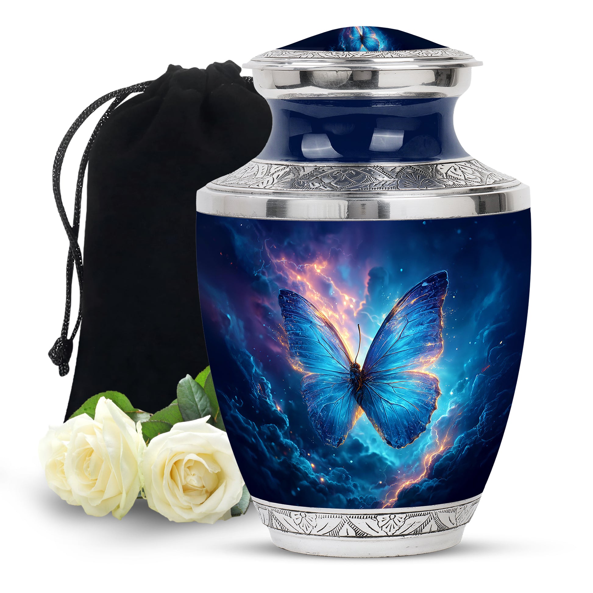 Twilight Blue Butterfly Cremation Urn side profile showing urn shape - stylized abstract butterfly pattern with bold lines - full-size 10 inch 200 cubic inch adult cremation urn