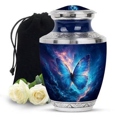 Twilight Blue Butterfly Cremation Urn side profile showing urn shape - stylized abstract butterfly pattern with bold lines - full-size 10 inch 200 cubic inch adult cremation urn