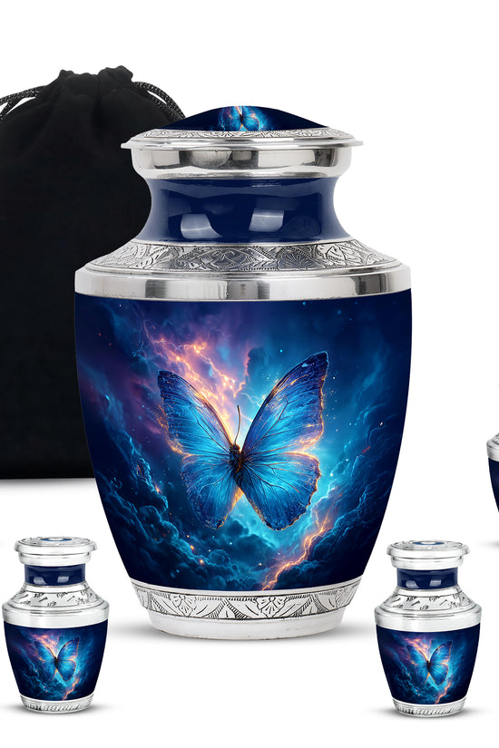 Cobalt Blue Butterfly Cremation Urn lifestyle display on memorial shelf - stylized abstract butterfly pattern with bold lines - memorial set with one large and four small urns