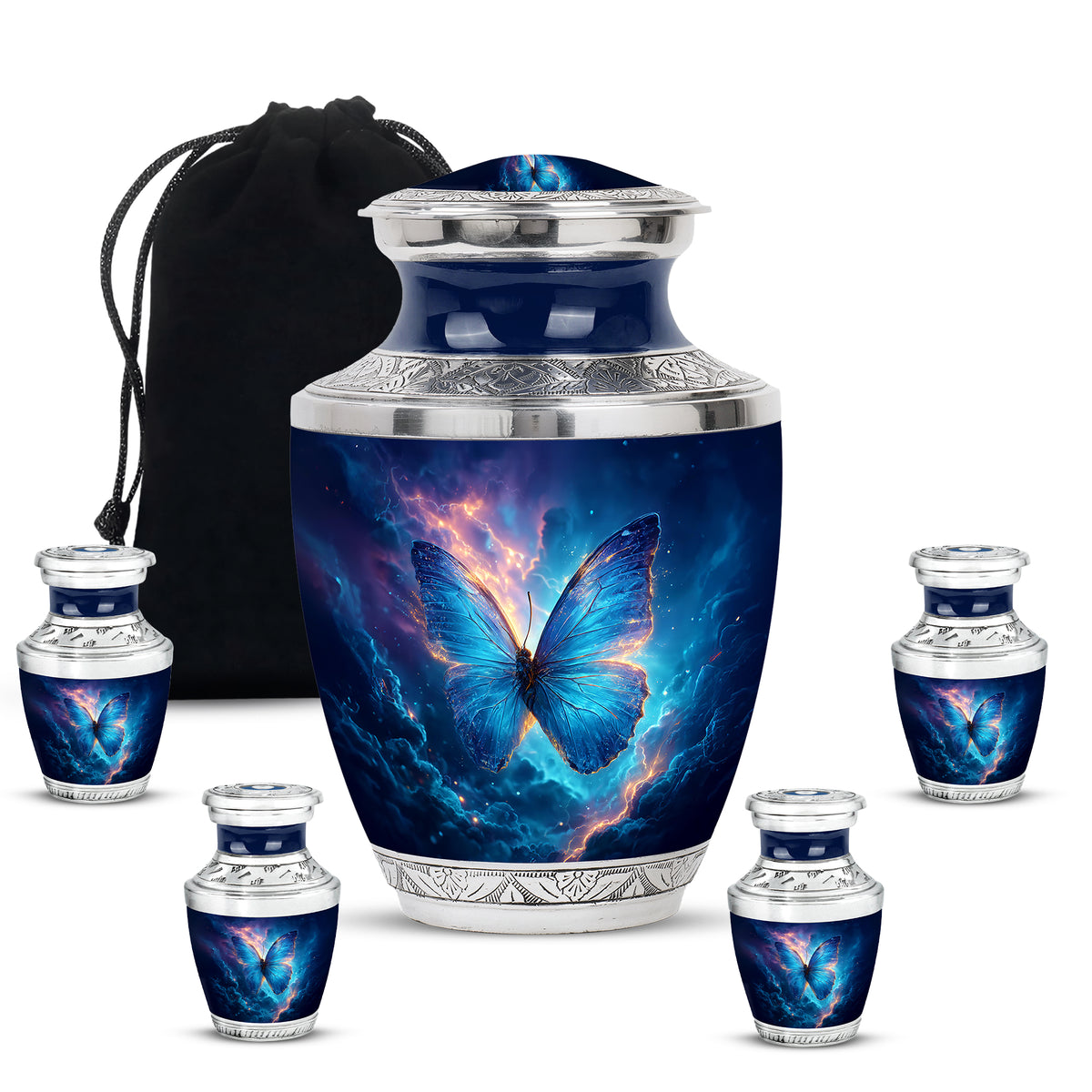 Cobalt Blue Butterfly Cremation Urn lifestyle display on memorial shelf - stylized abstract butterfly pattern with bold lines - memorial set with one large and four small urns