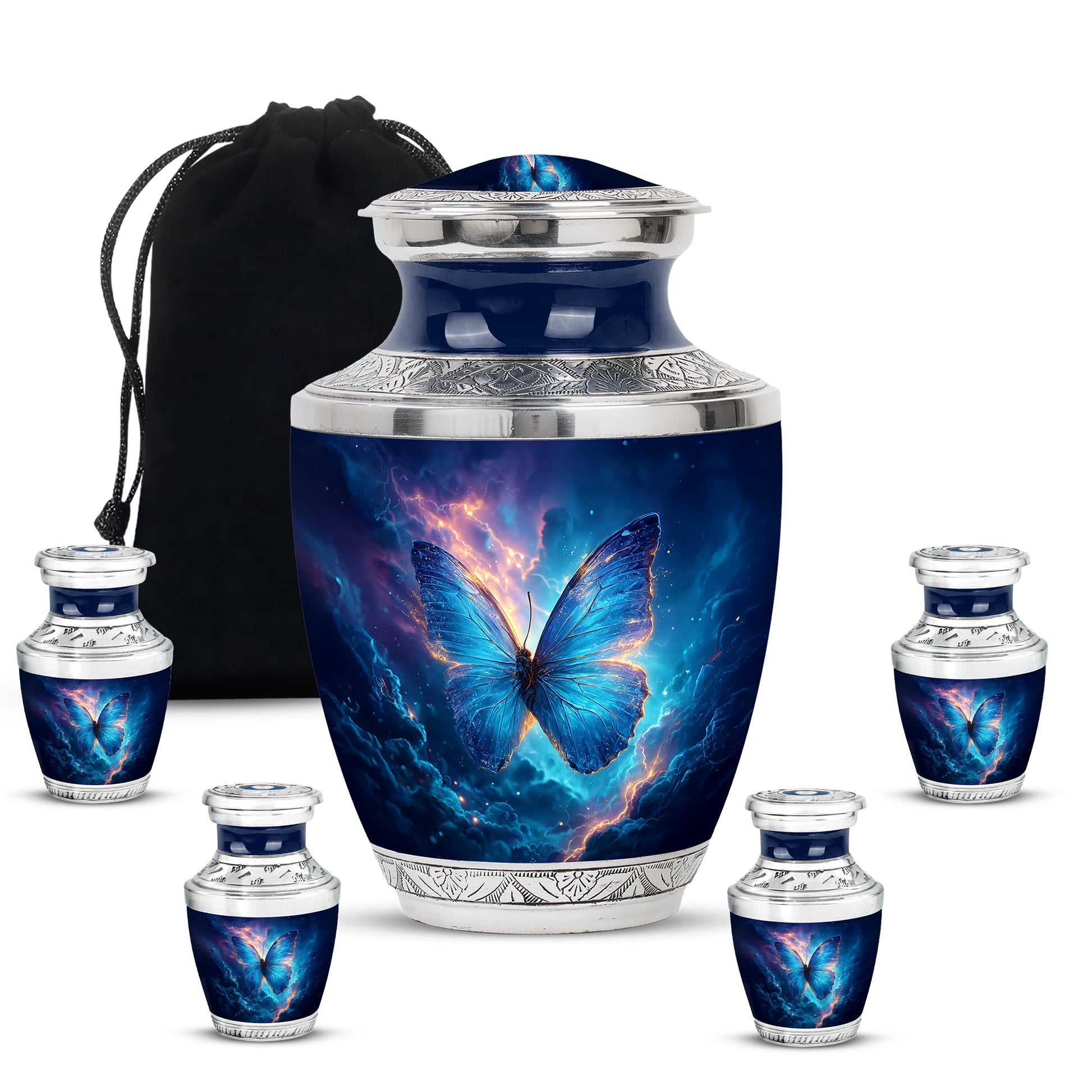 Cobalt Blue Butterfly Cremation Urn lifestyle display on memorial shelf - stylized abstract butterfly pattern with bold lines - memorial set with one large and four small urns