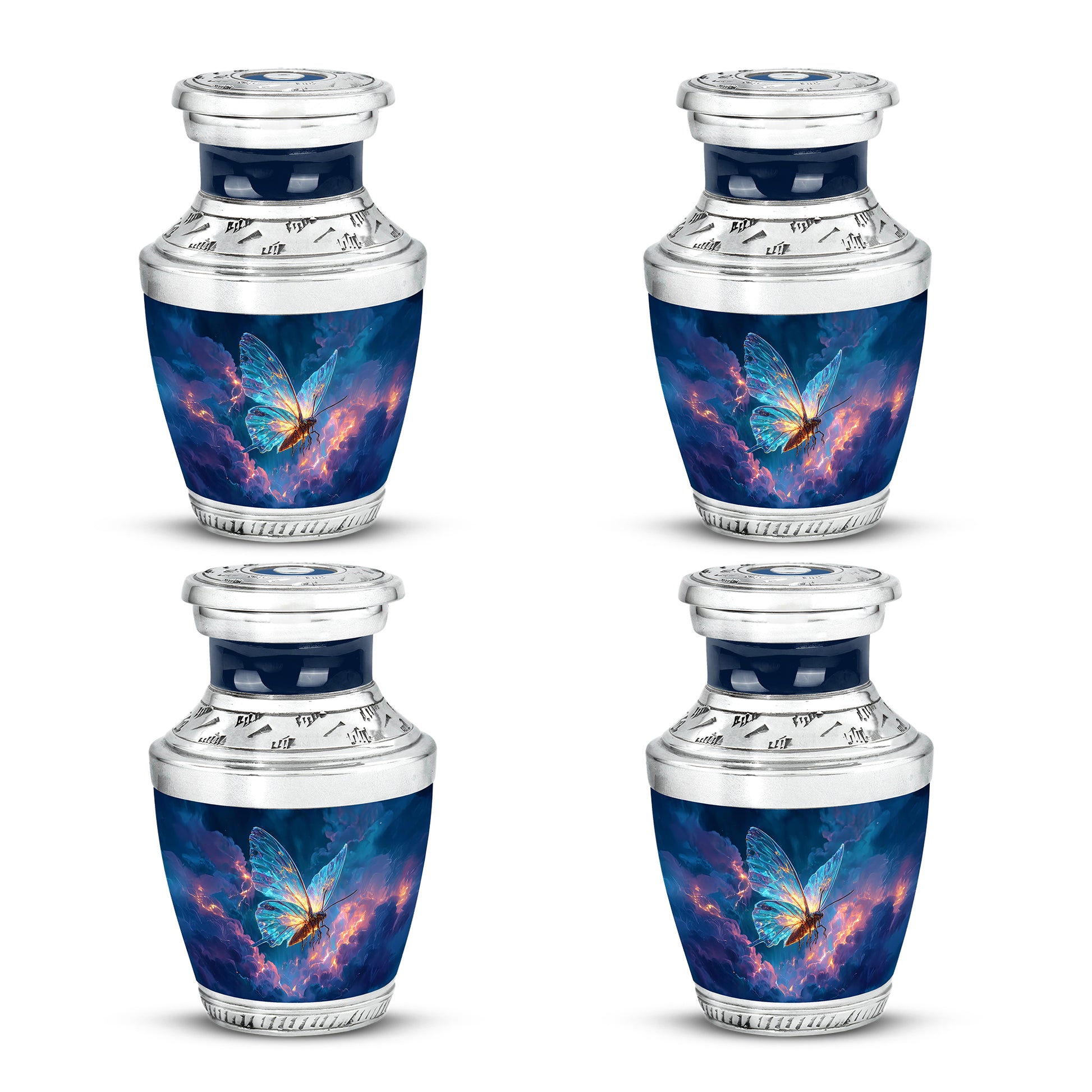Sky Blue Butterfly Cremation Urn back view with polished surface - contemporary butterfly design with modern artistic flair - 10 inch aluminum urn for cremated remains