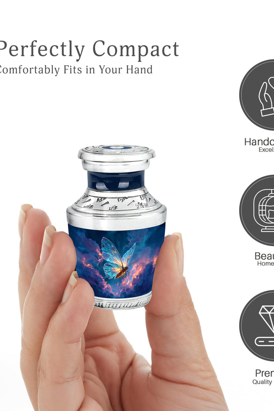 Cornflower Blue Butterfly Cremation Urn top-down view of secure threaded lid - stylized abstract butterfly pattern with bold lines - mini keepsake memorial for portion of cremation ashes
