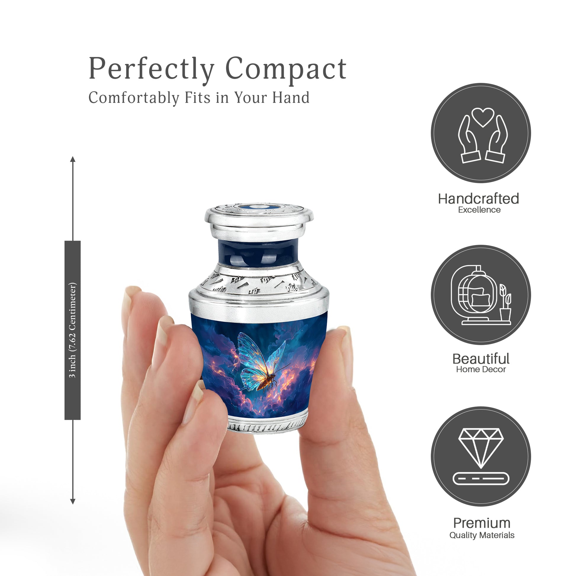Cornflower Blue Butterfly Cremation Urn top-down view of secure threaded lid - stylized abstract butterfly pattern with bold lines - mini keepsake memorial for portion of cremation ashes