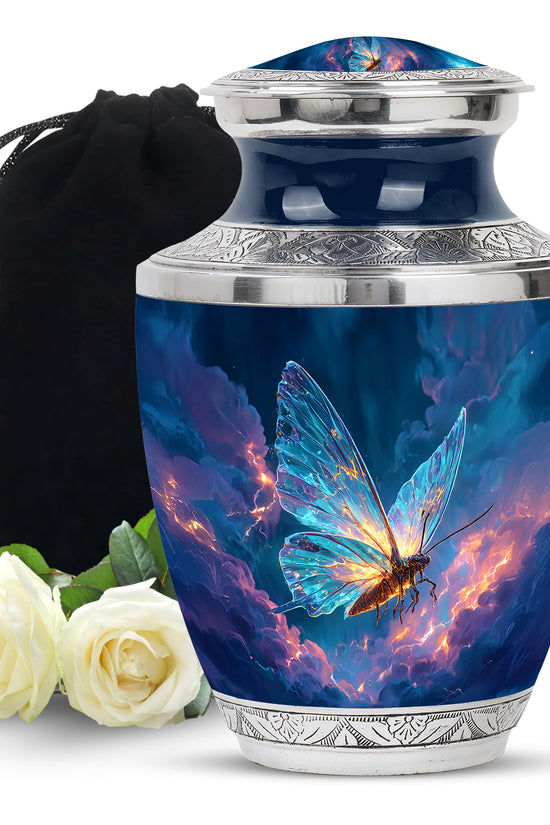 Pastel Blue Butterfly Cremation Urn side profile showing urn shape - modern art-inspired butterfly motif on sleek aluminum - full-size 10 inch 200 cubic inch adult cremation urn