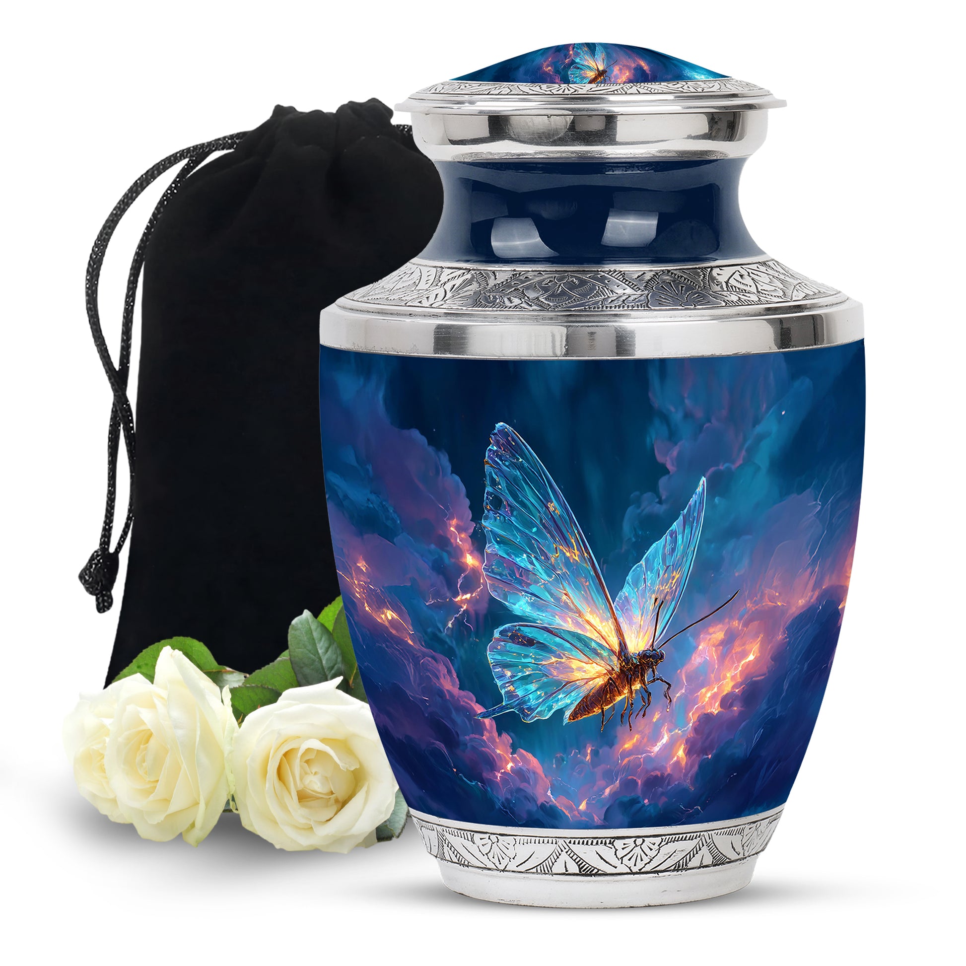 Pastel Blue Butterfly Cremation Urn side profile showing urn shape - modern art-inspired butterfly motif on sleek aluminum - full-size 10 inch 200 cubic inch adult cremation urn