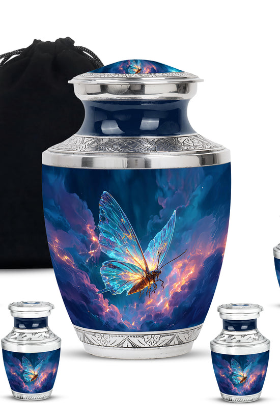 Calming Blue Butterfly Cremation Urn lifestyle display on memorial shelf - artistic butterfly interpretation with creative detail - memorial set with one large and four small urns