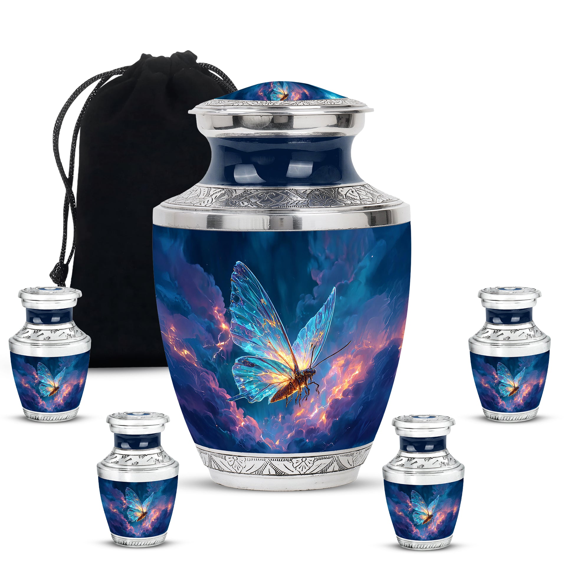 Calming Blue Butterfly Cremation Urn lifestyle display on memorial shelf - artistic butterfly interpretation with creative detail - memorial set with one large and four small urns