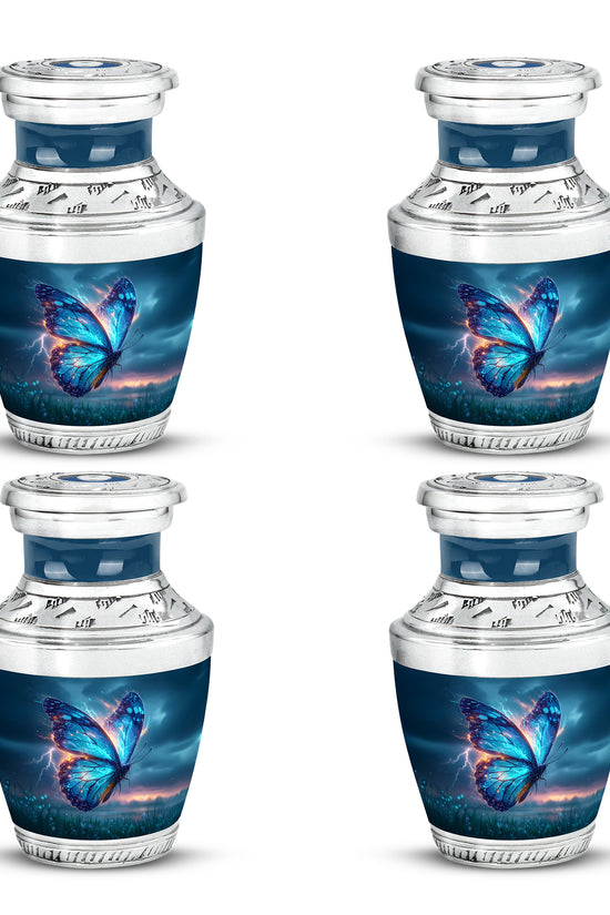 Calming Blue Butterfly Cremation Urn back view with polished surface - artistic butterfly interpretation with creative detail - 10 inch aluminum urn for cremated remains