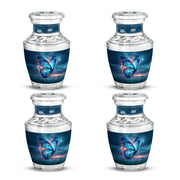 Calming Blue Butterfly Cremation Urn back view with polished surface - artistic butterfly interpretation with creative detail - 10 inch aluminum urn for cremated remains