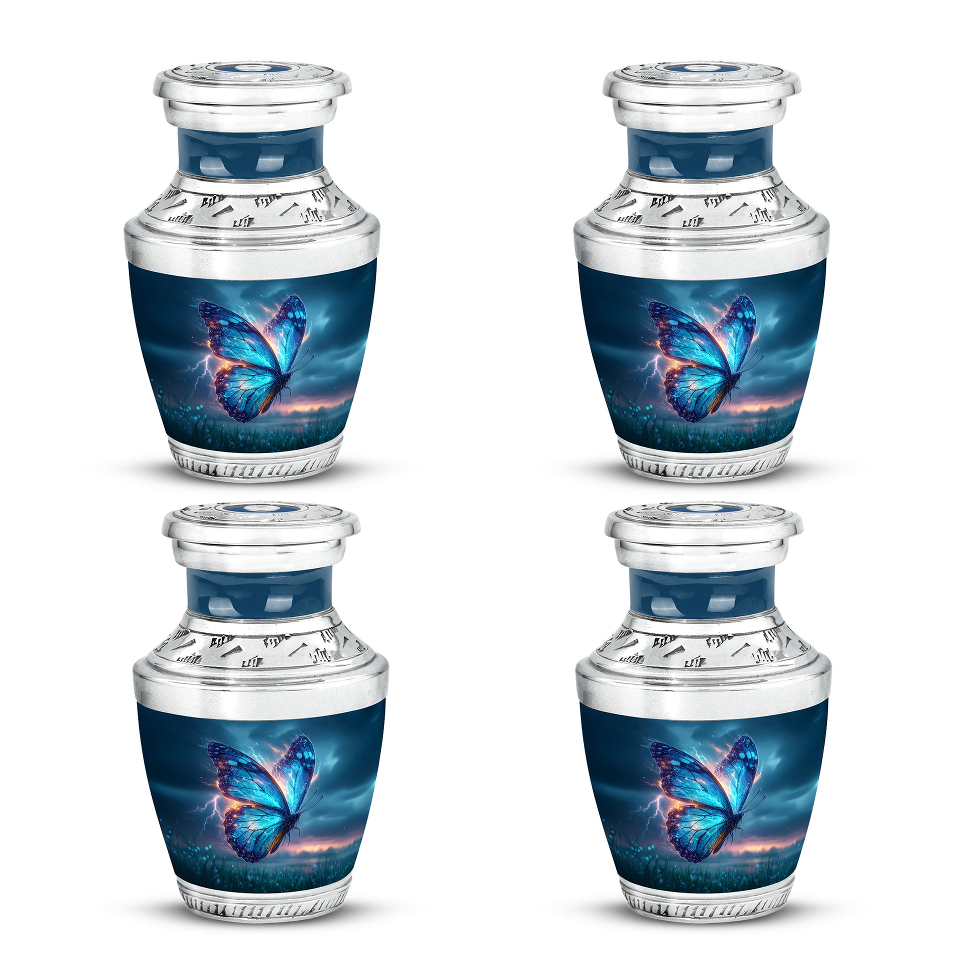Calming Blue Butterfly Cremation Urn back view with polished surface - artistic butterfly interpretation with creative detail - 10 inch aluminum urn for cremated remains