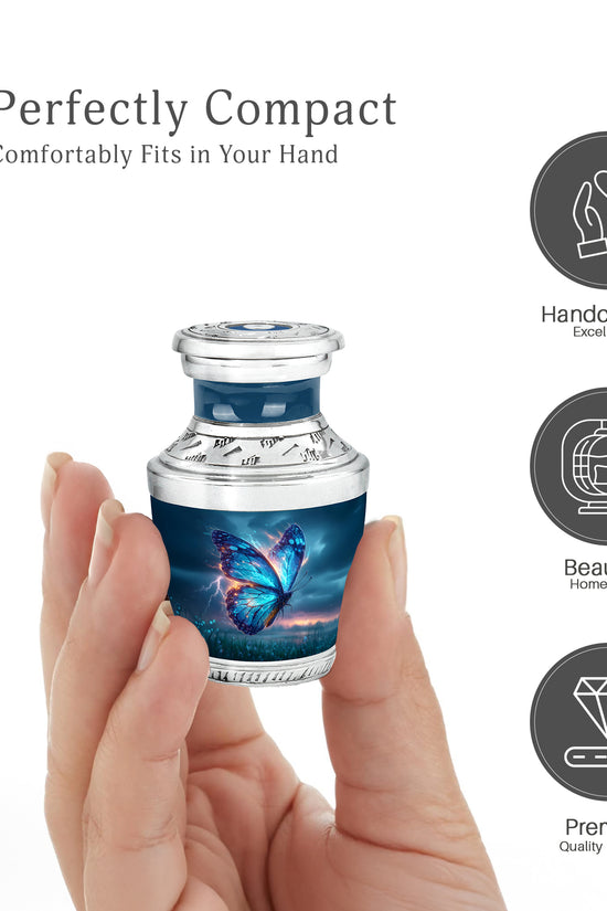 Icy Blue Butterfly Cremation Urn top-down view of secure threaded lid - contemporary butterfly design with modern artistic flair - mini keepsake memorial for portion of cremation ashes