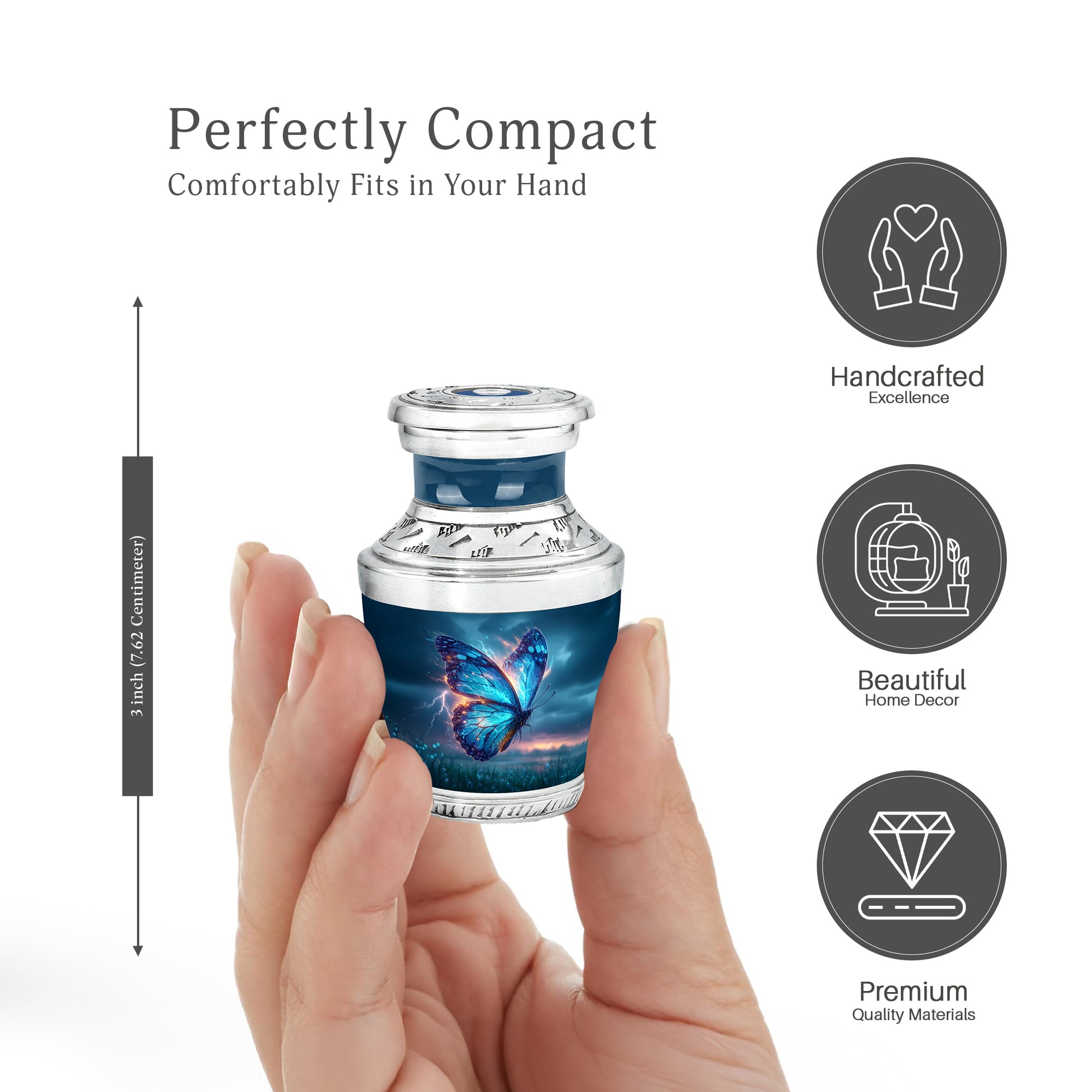 Icy Blue Butterfly Cremation Urn top-down view of secure threaded lid - contemporary butterfly design with modern artistic flair - mini keepsake memorial for portion of cremation ashes