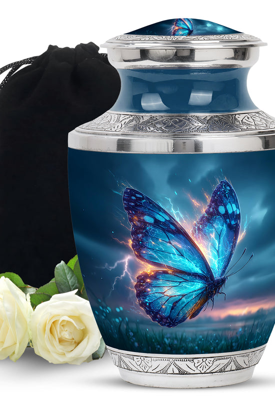 Bright Blue Butterfly Cremation Urn side profile showing urn shape - artistic butterfly interpretation with creative detail - full-size 10 inch 200 cubic inch adult cremation urn