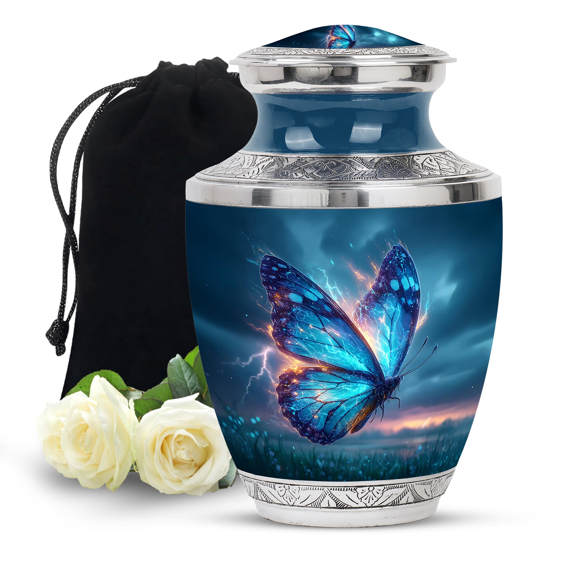 Bright Blue Butterfly Cremation Urn side profile showing urn shape - artistic butterfly interpretation with creative detail - full-size 10 inch 200 cubic inch adult cremation urn
