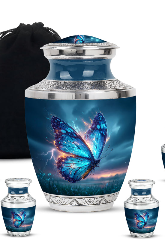 Sky Blue Butterfly Cremation Urn lifestyle display on memorial shelf - modern art-inspired butterfly motif on sleek aluminum - memorial set with one large and four small urns