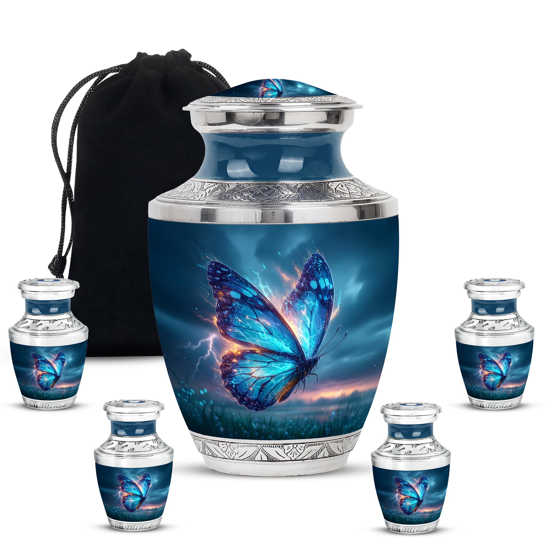 Sky Blue Butterfly Cremation Urn lifestyle display on memorial shelf - modern art-inspired butterfly motif on sleek aluminum - memorial set with one large and four small urns