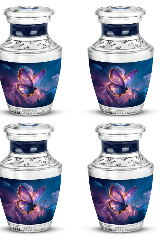 Cobalt Blue Butterfly Cremation Urn back view with polished surface - stylized abstract butterfly pattern with bold lines - 10 inch aluminum urn for cremated remains